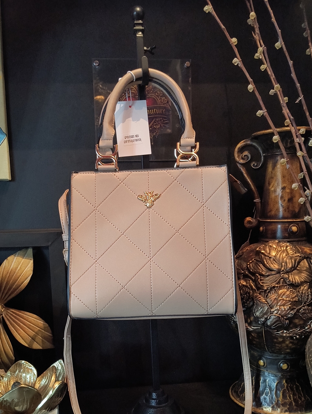 Quilted Beige Top-Handle Shoulder Bag with Gold Bee